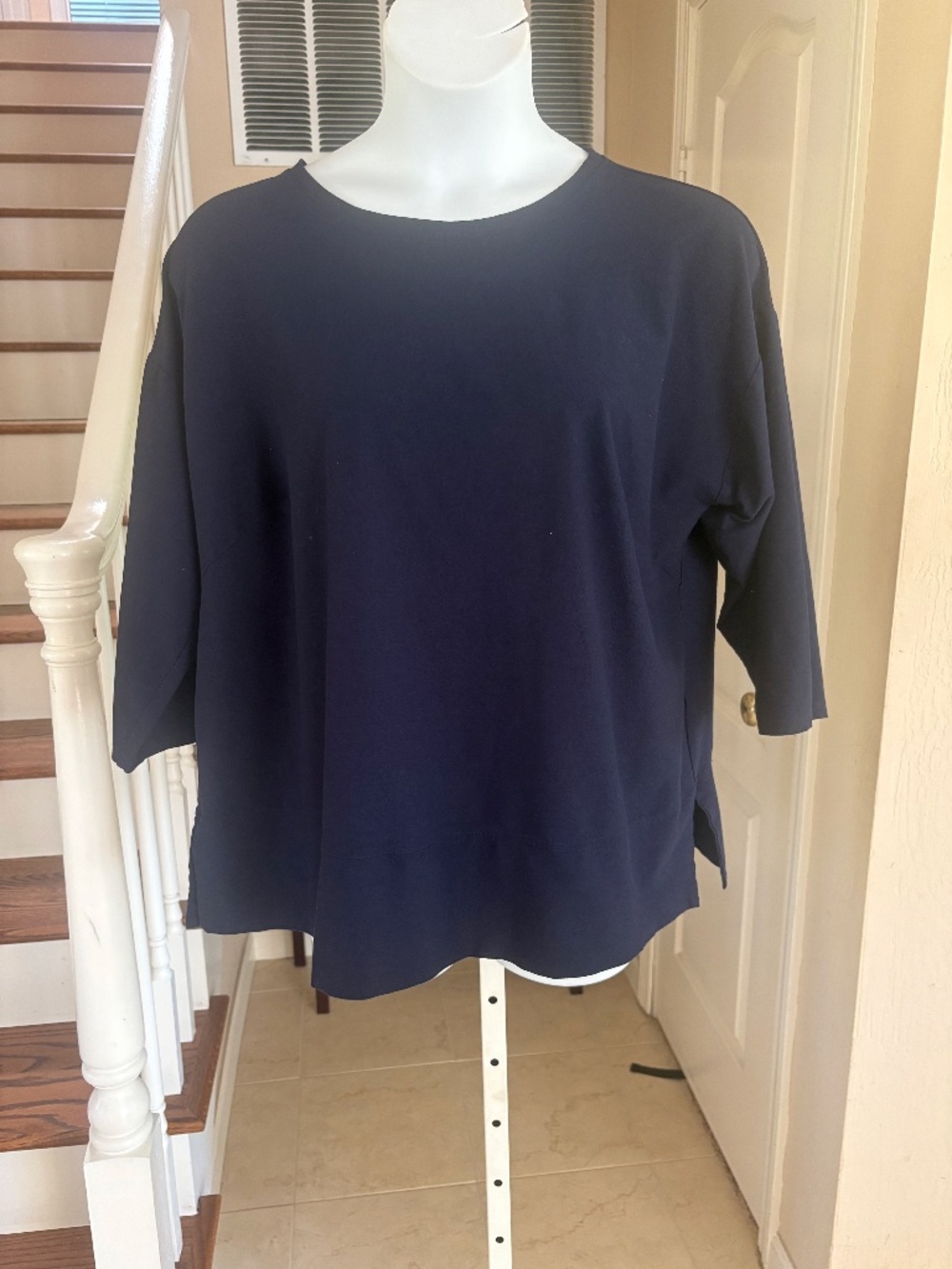 Eileen Fisher Dark Navy Stretch Crepe Tunic Top 3/4 Length Sleeves Crewneck 2X